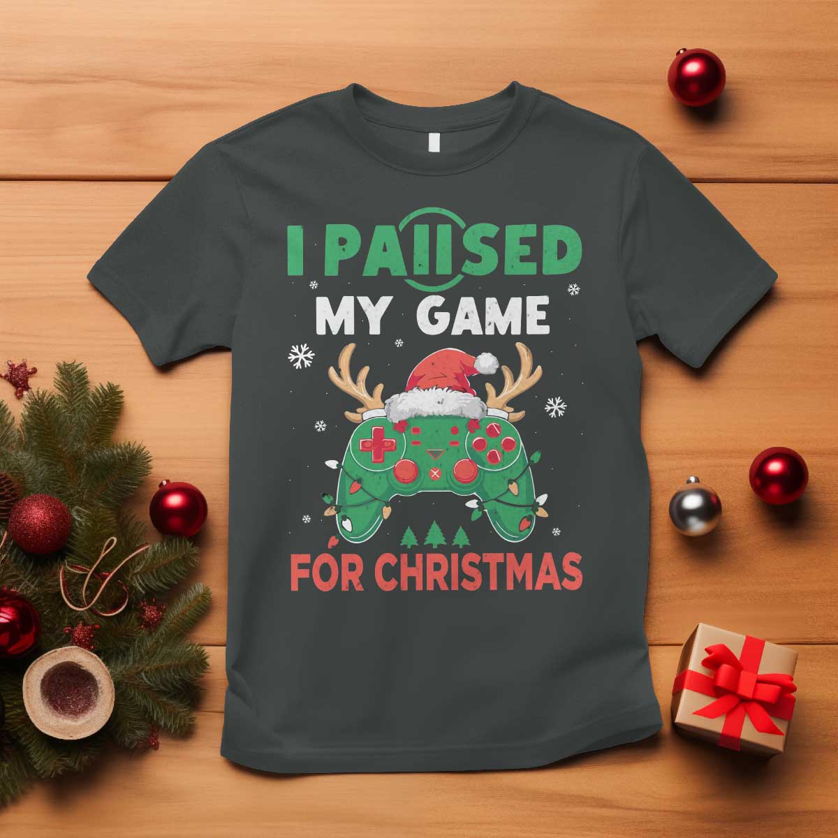 Funny Christmas Gamers T Shirt I Paused My Game For Christmas Santa Hat TS11 Dark Heather Print Your Wear