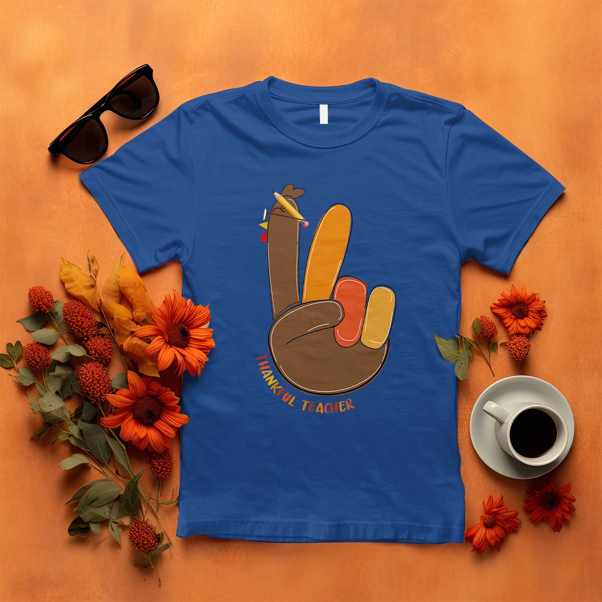 Funny Thanksgiving Teacher T Shirt Thankful Teacher Turkey Pencil TS11 Royal Blue Print Your Wear