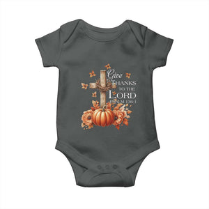 Thanksgiving Christ Baby Onesie Give Thanks To The Lord Psalm 136:1 Pumpkin Cross TS11 Dark Heather Print Your Wear