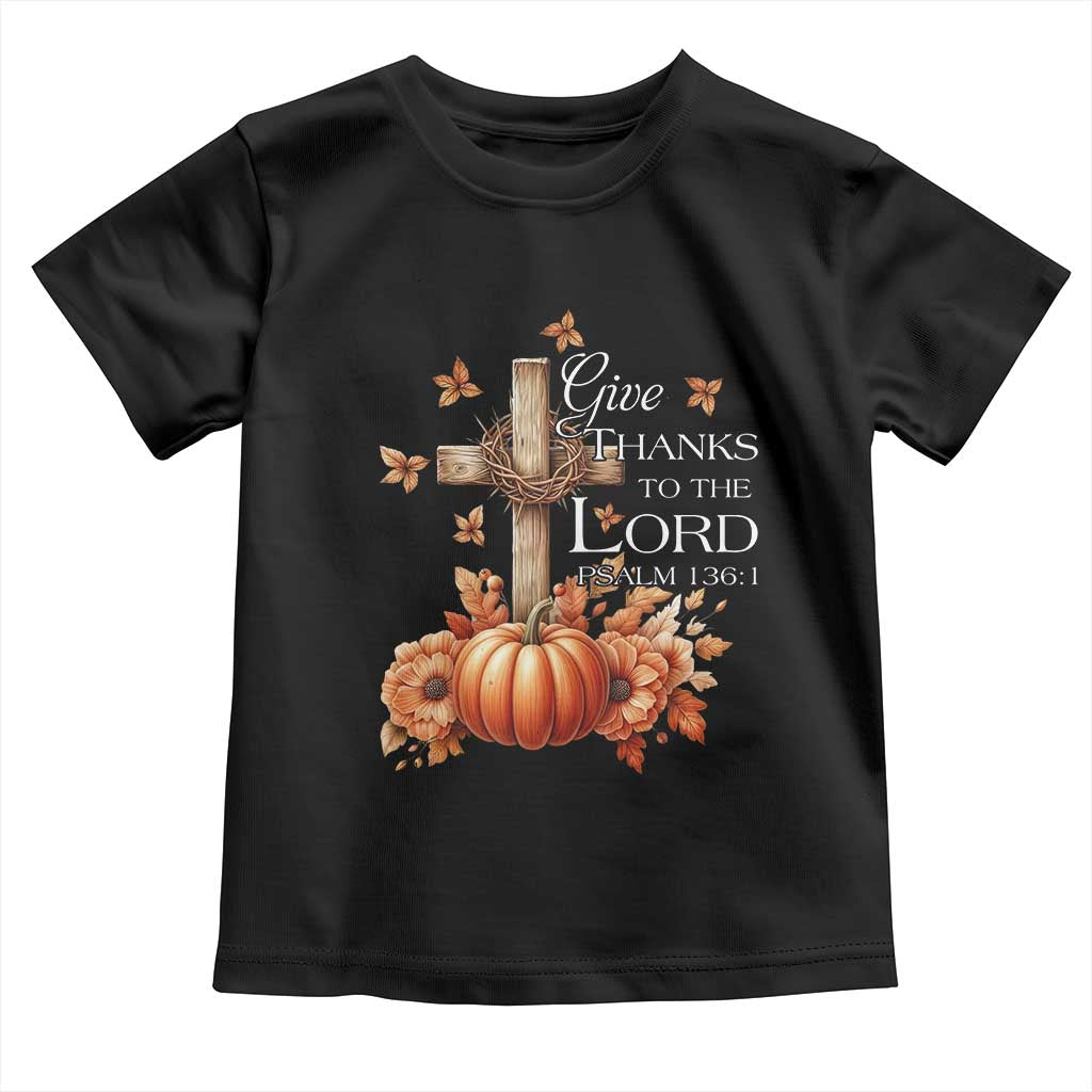 Thanksgiving Christ Baby Shirt Give Thanks To The Lord Psalm 136:1 Pumpkin Cross TS11 Black Print Your Wear