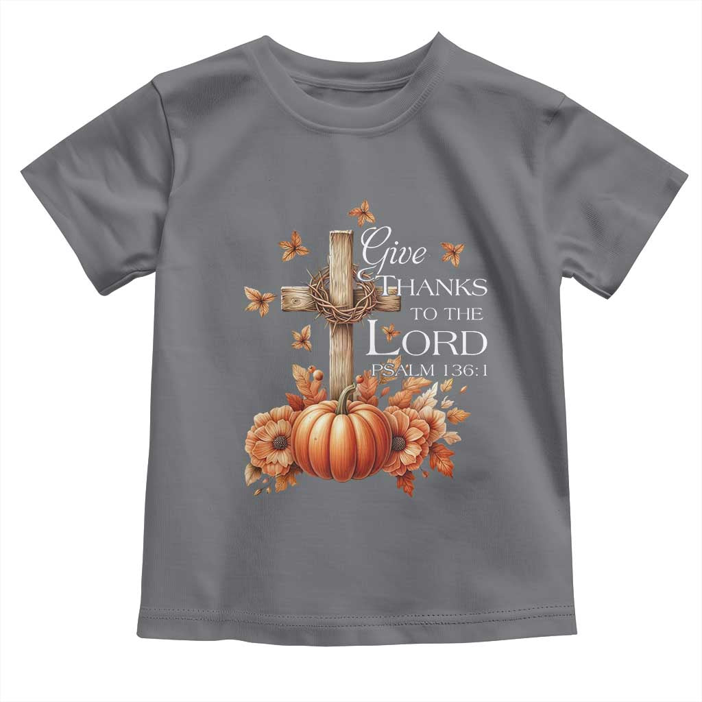 Thanksgiving Christ Baby Shirt Give Thanks To The Lord Psalm 136:1 Pumpkin Cross TS11 Charcoal Print Your Wear