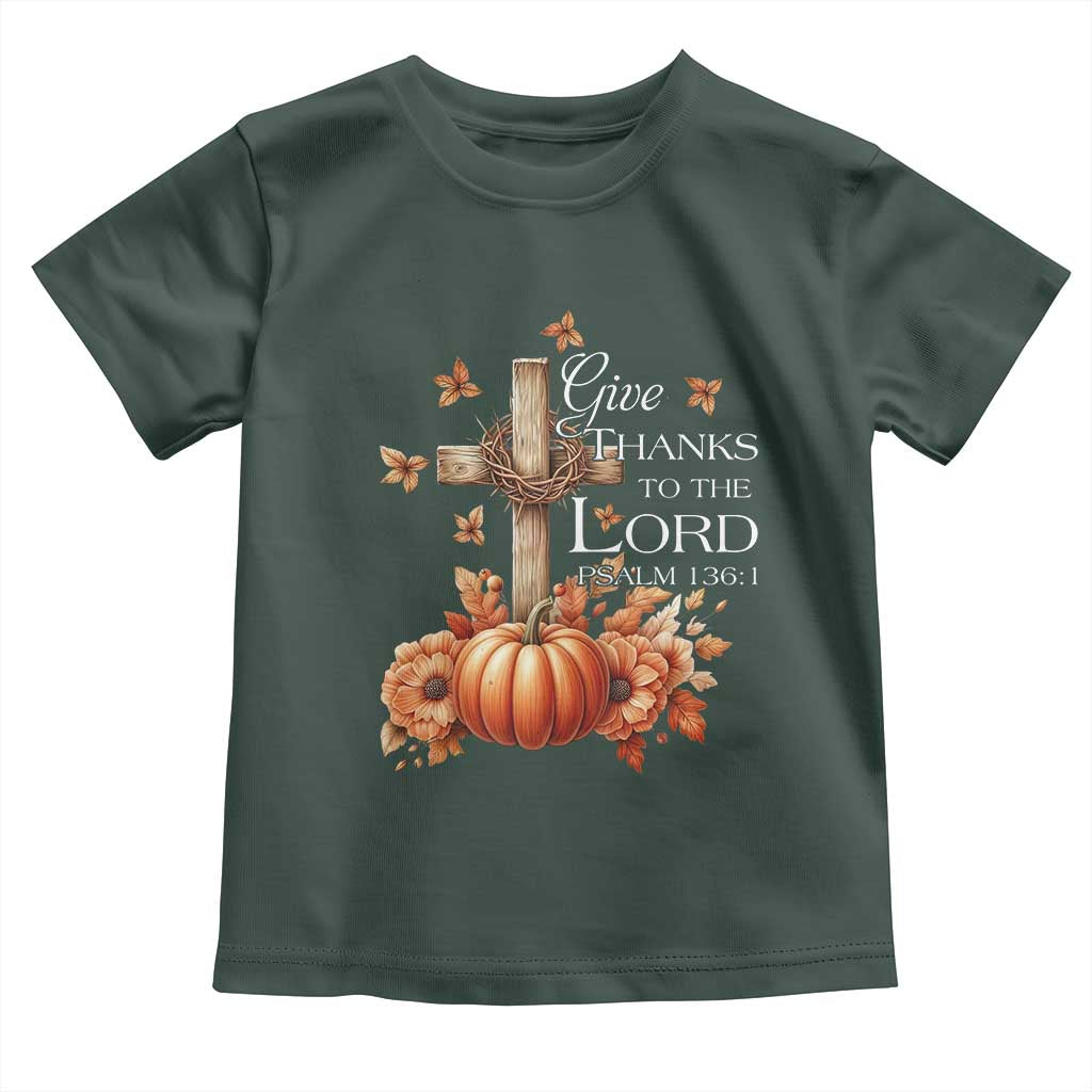 Thanksgiving Christ Baby Shirt Give Thanks To The Lord Psalm 136:1 Pumpkin Cross TS11 Dark Forest Green Print Your Wear