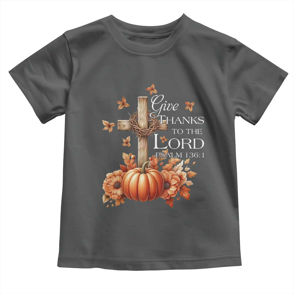 Thanksgiving Christ Baby Shirt Give Thanks To The Lord Psalm 136:1 Pumpkin Cross TS11 Dark Heather Print Your Wear