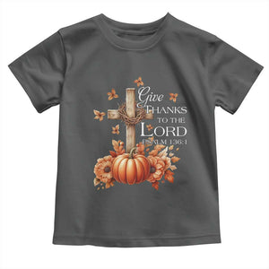 Thanksgiving Christ Baby Shirt Give Thanks To The Lord Psalm 136:1 Pumpkin Cross TS11 Dark Heather Print Your Wear