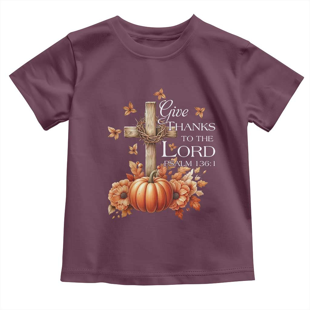 Thanksgiving Christ Baby Shirt Give Thanks To The Lord Psalm 136:1 Pumpkin Cross TS11 Maroon Print Your Wear