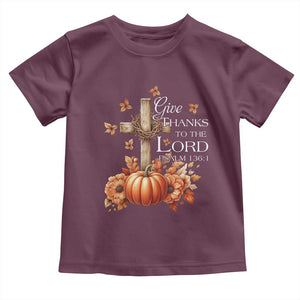 Thanksgiving Christ Baby Shirt Give Thanks To The Lord Psalm 136:1 Pumpkin Cross TS11 Maroon Print Your Wear