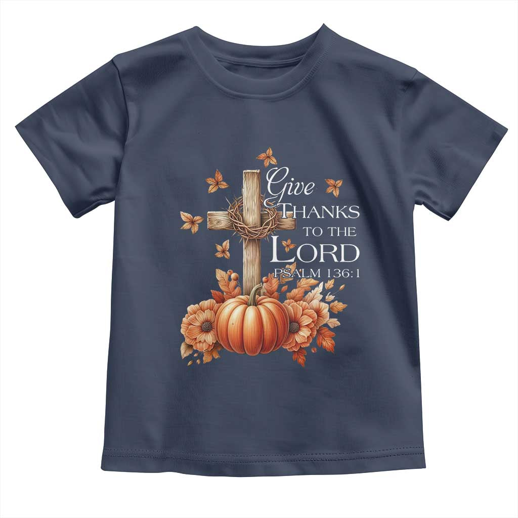 Thanksgiving Christ Baby Shirt Give Thanks To The Lord Psalm 136:1 Pumpkin Cross TS11 Navy Print Your Wear