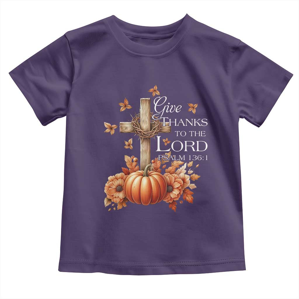 Thanksgiving Christ Baby Shirt Give Thanks To The Lord Psalm 136:1 Pumpkin Cross TS11 Purple Print Your Wear