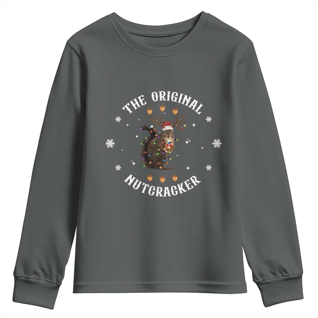 Funny Christmas Squirrel Youth Sweatshirt The Original Nutcracker Snowflake Xmas Neon Light TS11 Dark Heather Print Your Wear