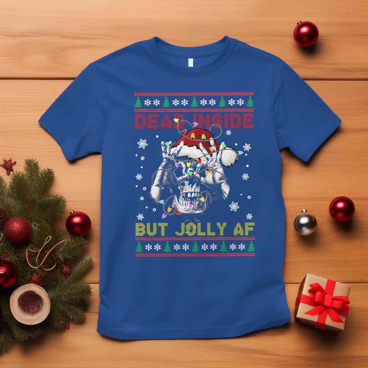 Funny Christmas Skeleton T Shirt Dead Inside But Jolly AF Santa Hat TS11 Royal Blue Print Your Wear