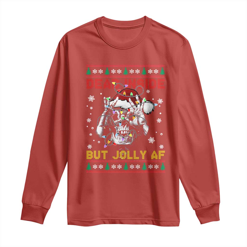 Funny Christmas Skeleton Long Sleeve Shirt Dead Inside But Jolly AF Santa Hat TS11 Red Print Your Wear
