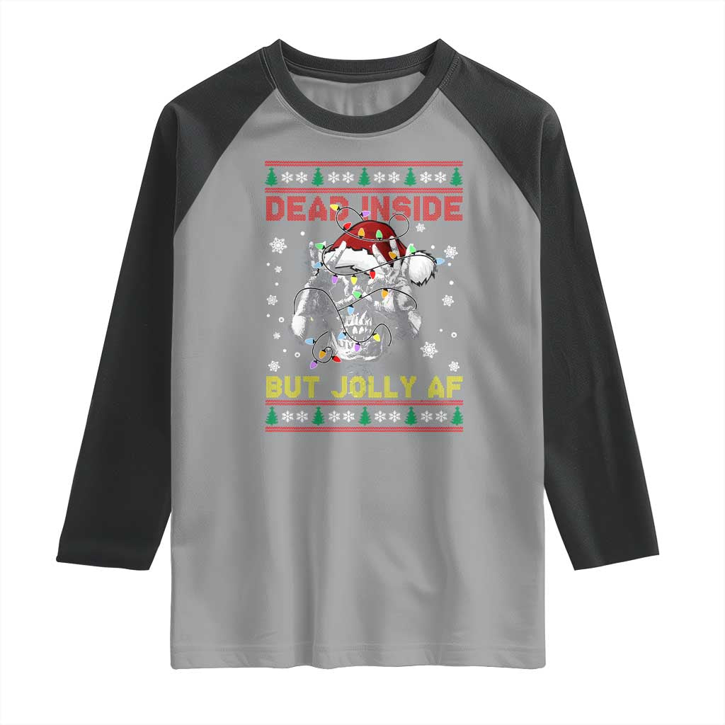 Funny Christmas Skeleton Raglan Shirt Dead Inside But Jolly AF Santa Hat TS11 Sport Gray Black Print Your Wear