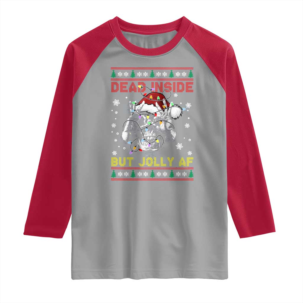 Funny Christmas Skeleton Raglan Shirt Dead Inside But Jolly AF Santa Hat TS11 Sport Gray Red Print Your Wear