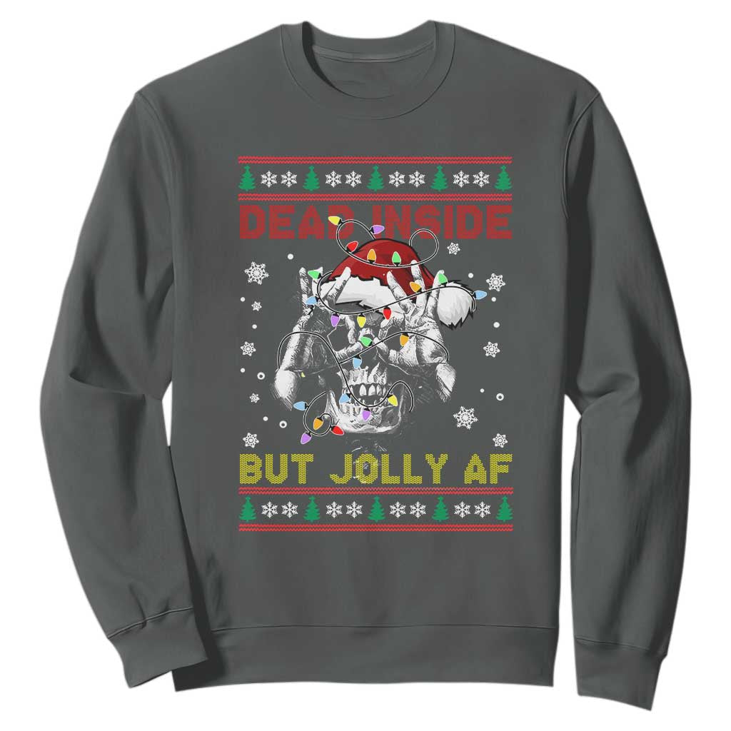 Funny Christmas Skeleton Sweatshirt Dead Inside But Jolly AF Santa Hat TS11 Dark Heather Print Your Wear