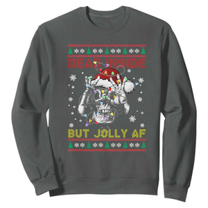 Funny Christmas Skeleton Sweatshirt Dead Inside But Jolly AF Santa Hat TS11 Dark Heather Print Your Wear