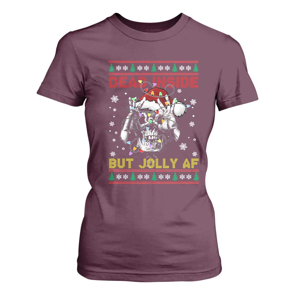 Funny Christmas Skeleton T Shirt For Women Dead Inside But Jolly AF Santa Hat TS11 Maroon Print Your Wear