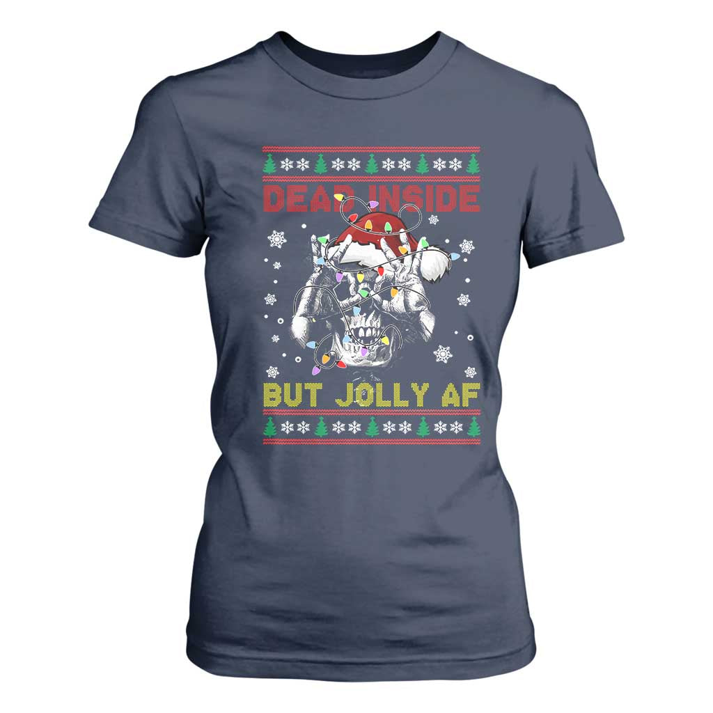 Funny Christmas Skeleton T Shirt For Women Dead Inside But Jolly AF Santa Hat TS11 Navy Print Your Wear