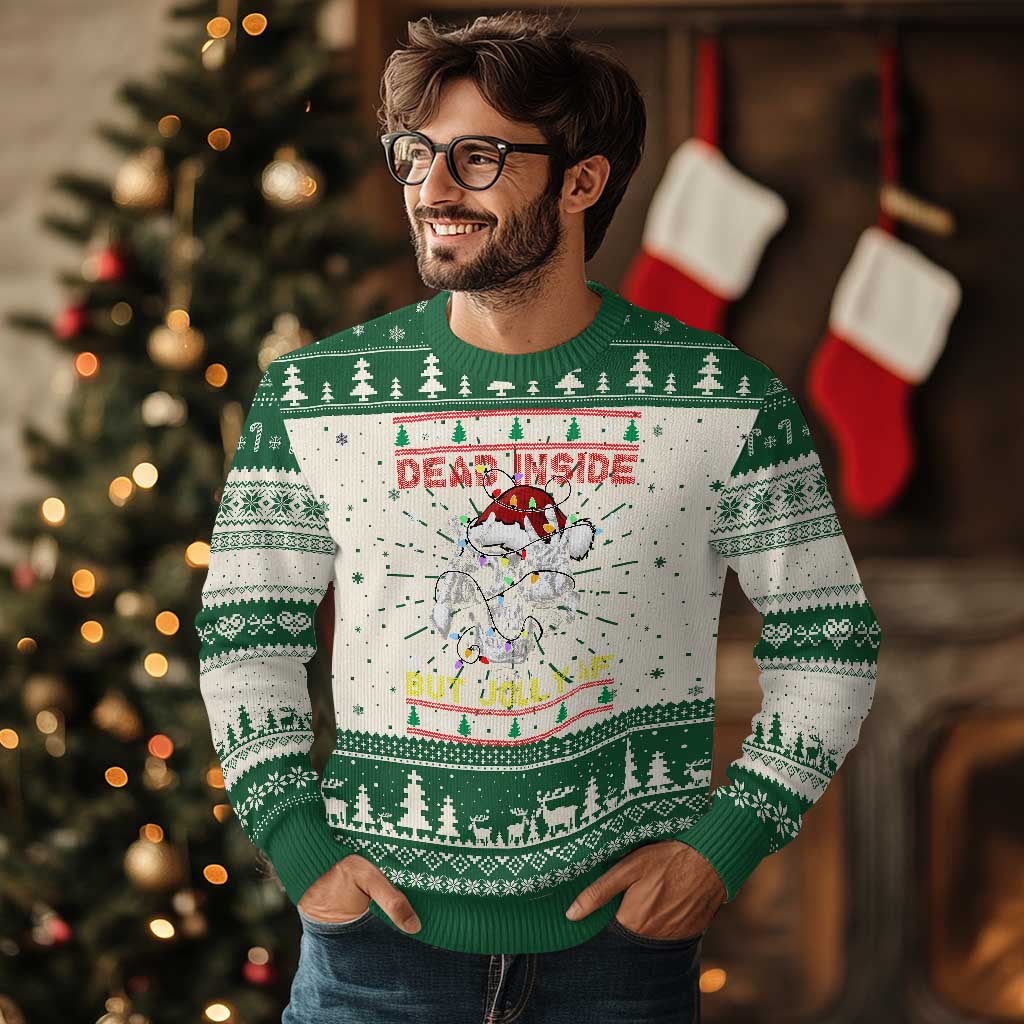 Funny Xmas Skeleton Ugly Christmas Sweater Dead Inside But Jolly AF Santa Hat TS11 Green Print Your Wear