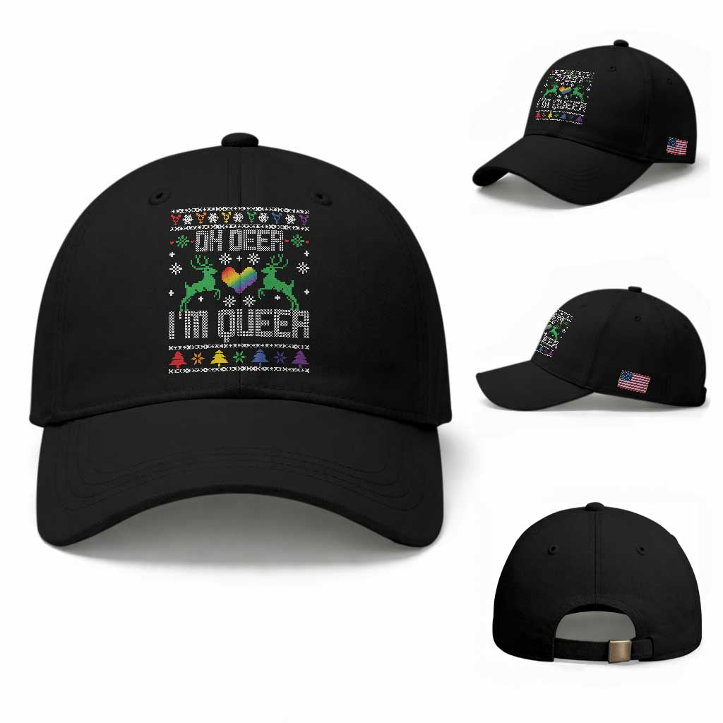 Funny LGBT Christmas Baseball Cap Oh Deer I'm Queer Rainbow LGBT Flag TS11 Baseball Cap Universal Fit Black Print Your Wear