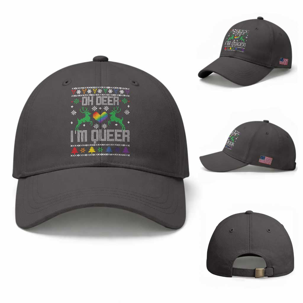 Funny LGBT Christmas Baseball Cap Oh Deer I'm Queer Rainbow LGBT Flag TS11 Baseball Cap Universal Fit Dark Gray Print Your Wear