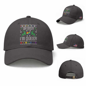 Funny LGBT Christmas Baseball Cap Oh Deer I'm Queer Rainbow LGBT Flag TS11 Baseball Cap Universal Fit Dark Gray Print Your Wear