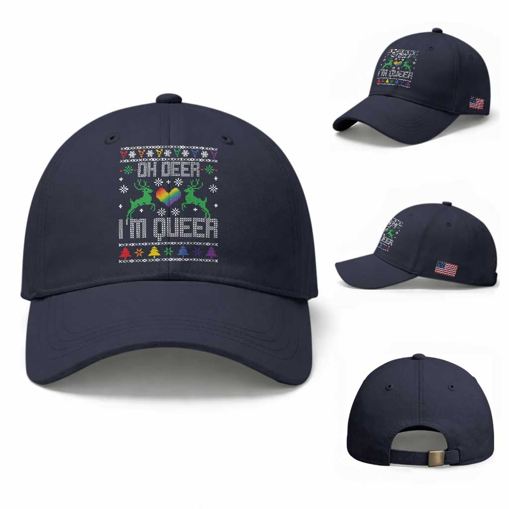 Funny LGBT Christmas Baseball Cap Oh Deer I'm Queer Rainbow LGBT Flag TS11 Baseball Cap Universal Fit Navy Print Your Wear