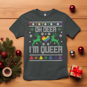 Funny LGBT Christmas T Shirt Oh Deer I'm Queer Rainbow LGBT Flag TS11 Dark Heather Print Your Wear