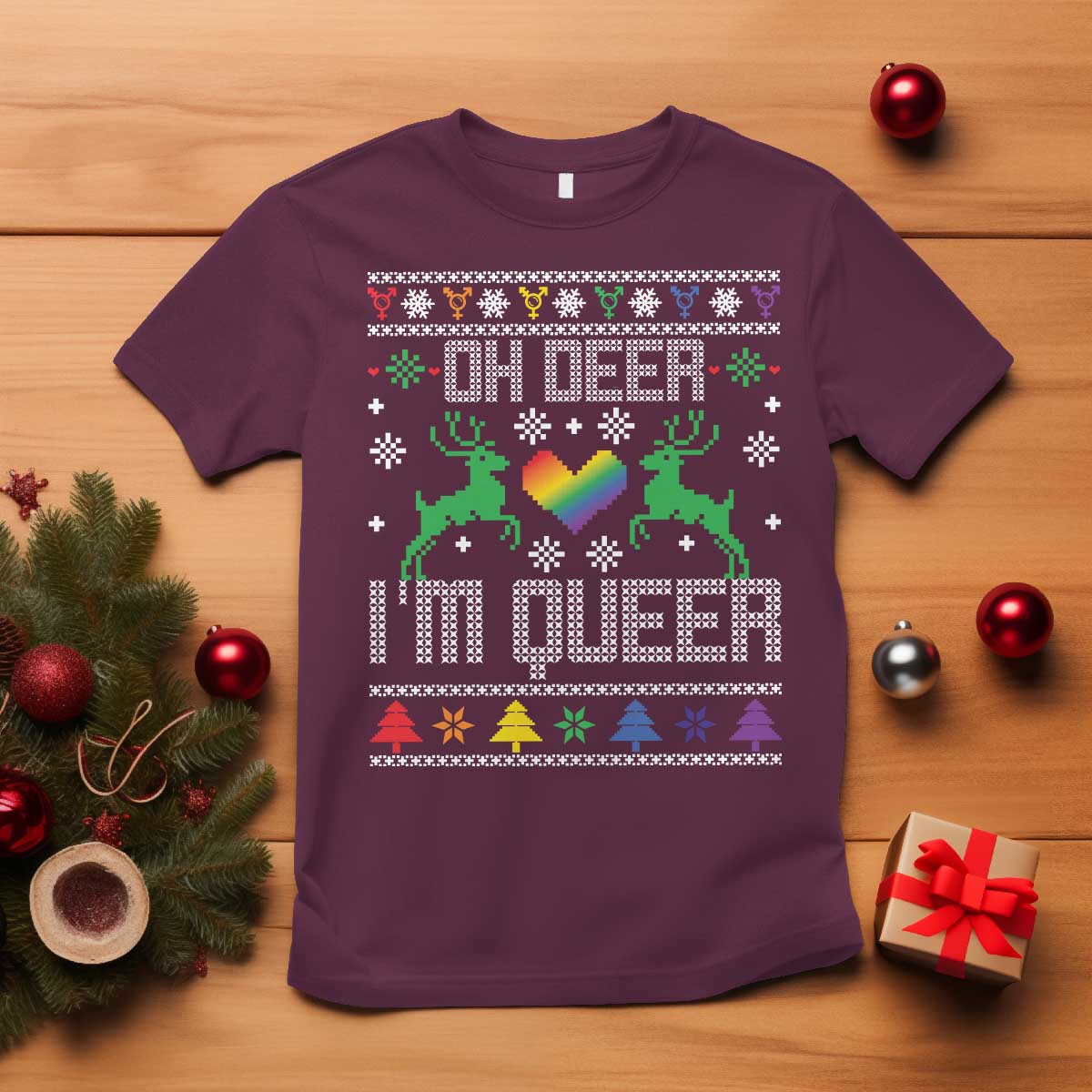 Funny LGBT Christmas T Shirt Oh Deer I'm Queer Rainbow LGBT Flag TS11 Maroon Print Your Wear