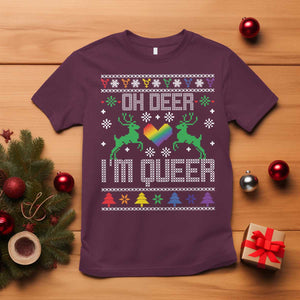 Funny LGBT Christmas T Shirt Oh Deer I'm Queer Rainbow LGBT Flag TS11 Maroon Print Your Wear