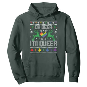 Funny LGBT Christmas Hoodie Oh Deer I'm Queer Rainbow LGBT Flag TS11 Dark Forest Green Print Your Wear