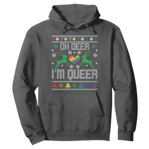 Funny LGBT Christmas Hoodie Oh Deer I'm Queer Rainbow LGBT Flag TS11 Dark Heather Print Your Wear