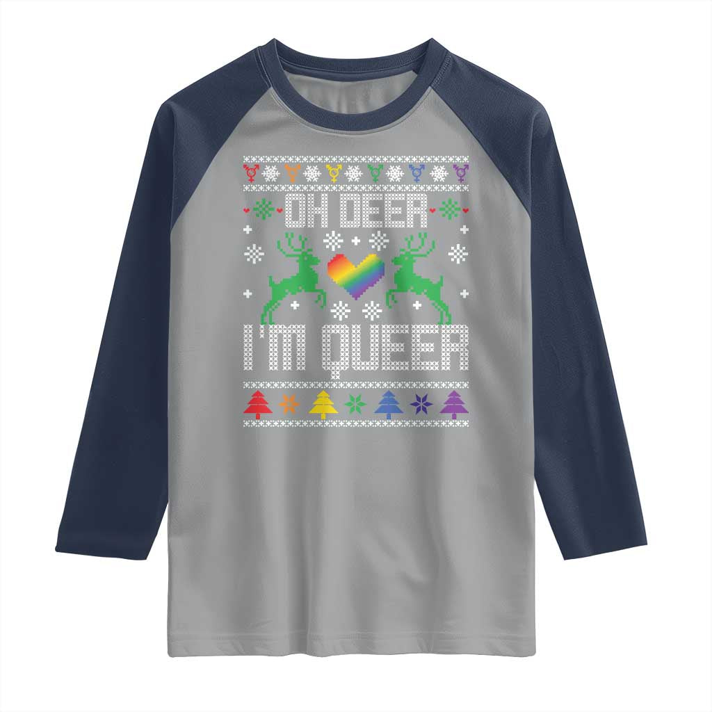 Funny LGBT Christmas Raglan Shirt Oh Deer I'm Queer Rainbow LGBT Flag TS11 Sport Gray Navy Print Your Wear