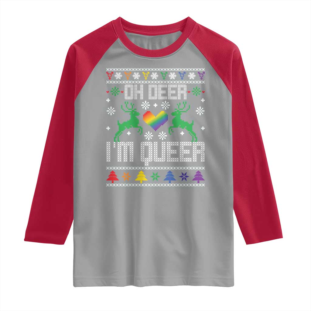 Funny LGBT Christmas Raglan Shirt Oh Deer I'm Queer Rainbow LGBT Flag TS11 Sport Gray Red Print Your Wear