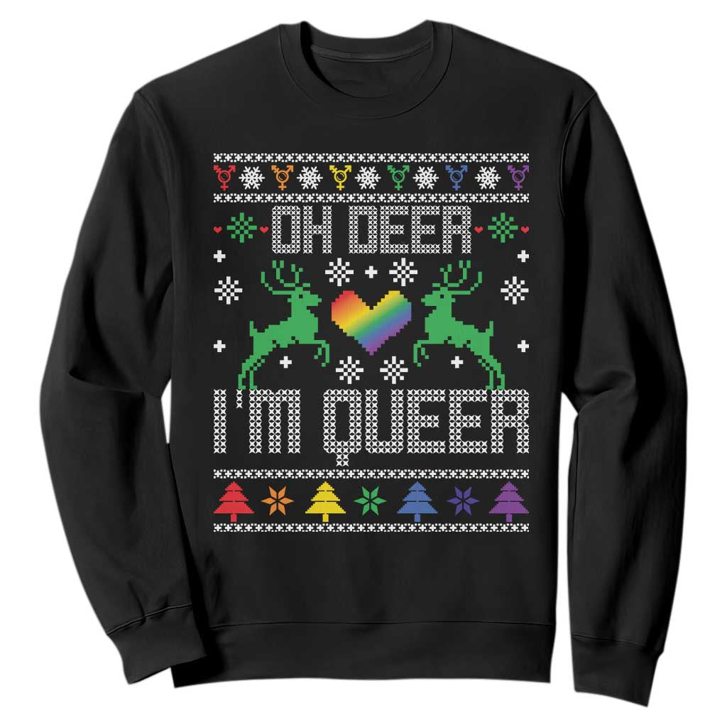Funny LGBT Christmas Sweatshirt Oh Deer I'm Queer Rainbow LGBT Flag TS11 Black Print Your Wear