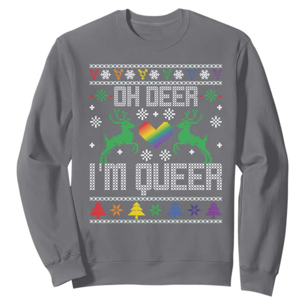 Funny LGBT Christmas Sweatshirt Oh Deer I'm Queer Rainbow LGBT Flag TS11 Charcoal Print Your Wear