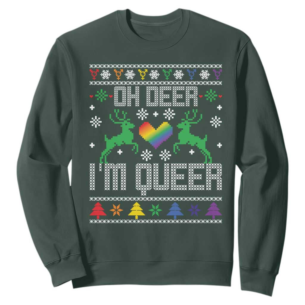 Funny LGBT Christmas Sweatshirt Oh Deer I'm Queer Rainbow LGBT Flag TS11 Dark Forest Green Print Your Wear