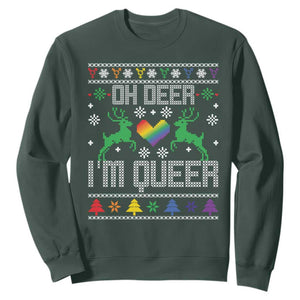 Funny LGBT Christmas Sweatshirt Oh Deer I'm Queer Rainbow LGBT Flag TS11 Dark Forest Green Print Your Wear