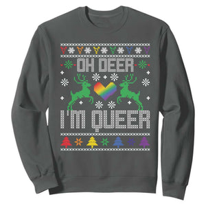 Funny LGBT Christmas Sweatshirt Oh Deer I'm Queer Rainbow LGBT Flag TS11 Dark Heather Print Your Wear