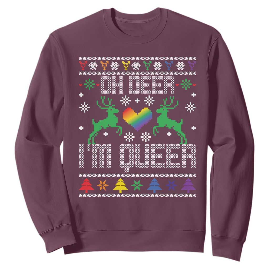Funny LGBT Christmas Sweatshirt Oh Deer I'm Queer Rainbow LGBT Flag TS11 Maroon Print Your Wear