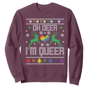 Funny LGBT Christmas Sweatshirt Oh Deer I'm Queer Rainbow LGBT Flag TS11 Maroon Print Your Wear