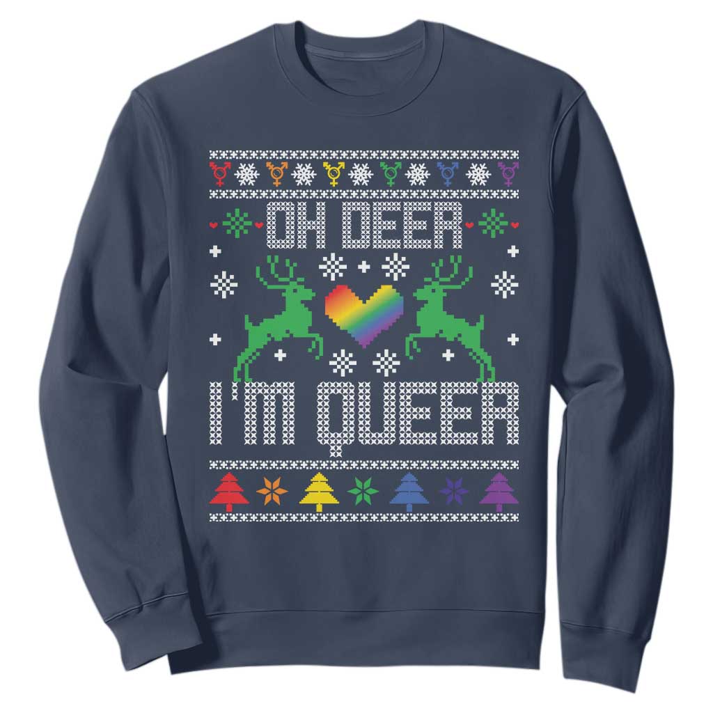 Funny LGBT Christmas Sweatshirt Oh Deer I'm Queer Rainbow LGBT Flag TS11 Navy Print Your Wear