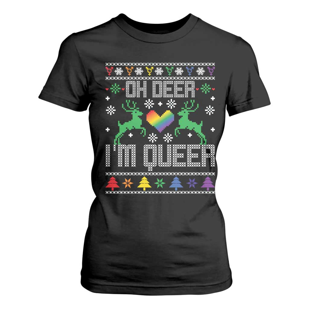 Funny LGBT Christmas T Shirt For Women Oh Deer I'm Queer Rainbow LGBT Flag TS11 Black Print Your Wear