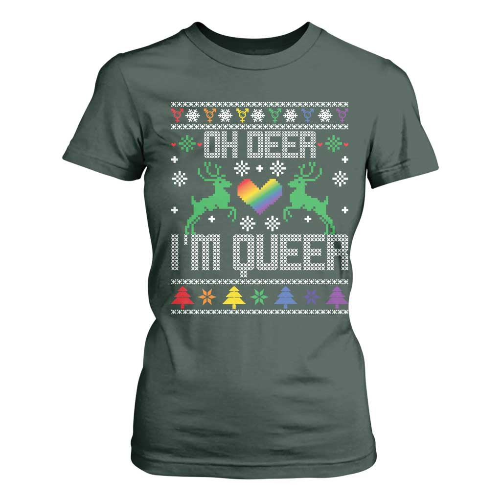 Funny LGBT Christmas T Shirt For Women Oh Deer I'm Queer Rainbow LGBT Flag TS11 Dark Forest Green Print Your Wear