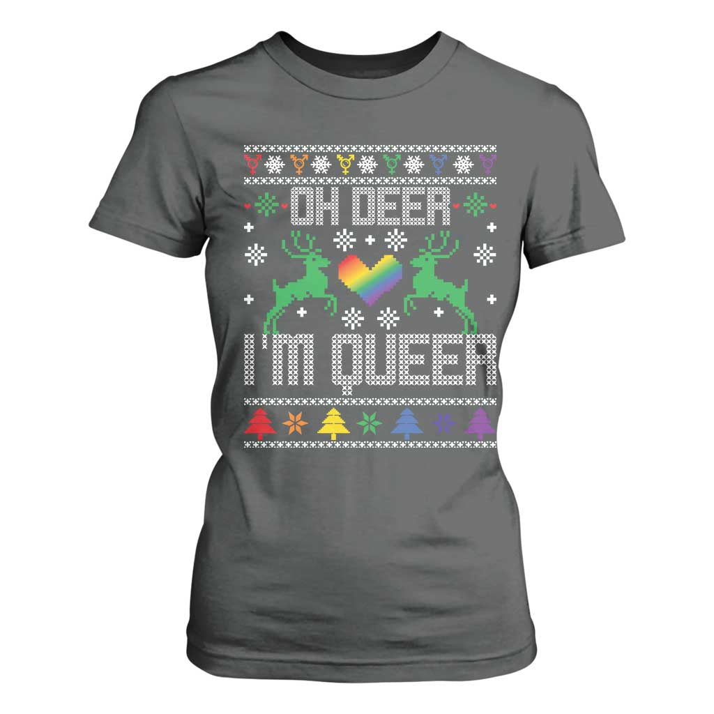 Funny LGBT Christmas T Shirt For Women Oh Deer I'm Queer Rainbow LGBT Flag TS11 Dark Heather Print Your Wear