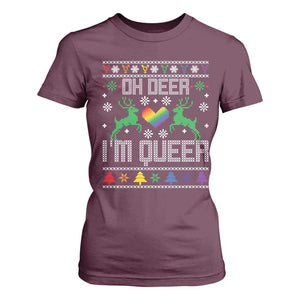 Funny LGBT Christmas T Shirt For Women Oh Deer I'm Queer Rainbow LGBT Flag TS11 Maroon Print Your Wear