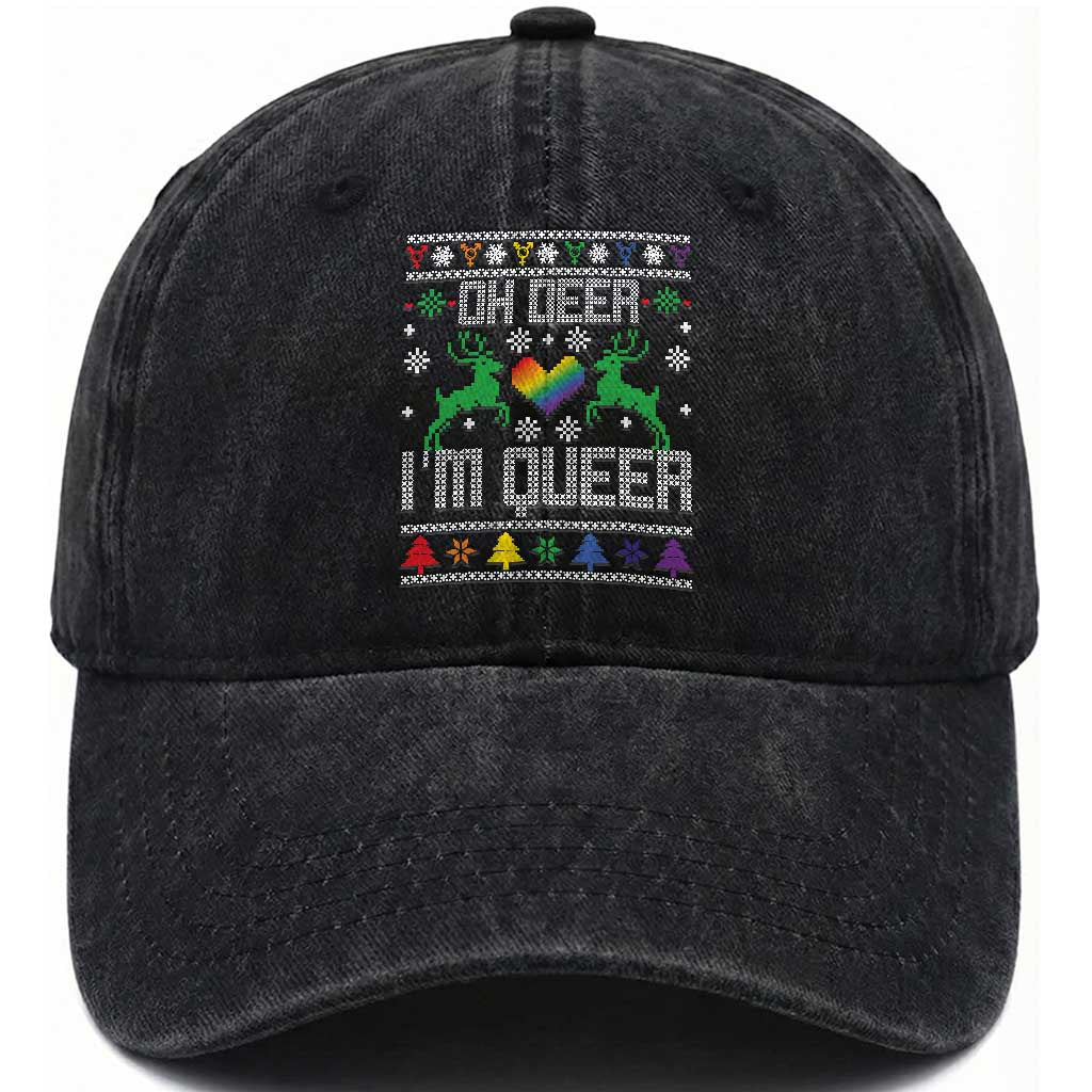Funny LGBT Christmas Washed Cotton Baseball Cap Oh Deer I'm Queer Rainbow LGBT Flag TS11 Print Your Wear