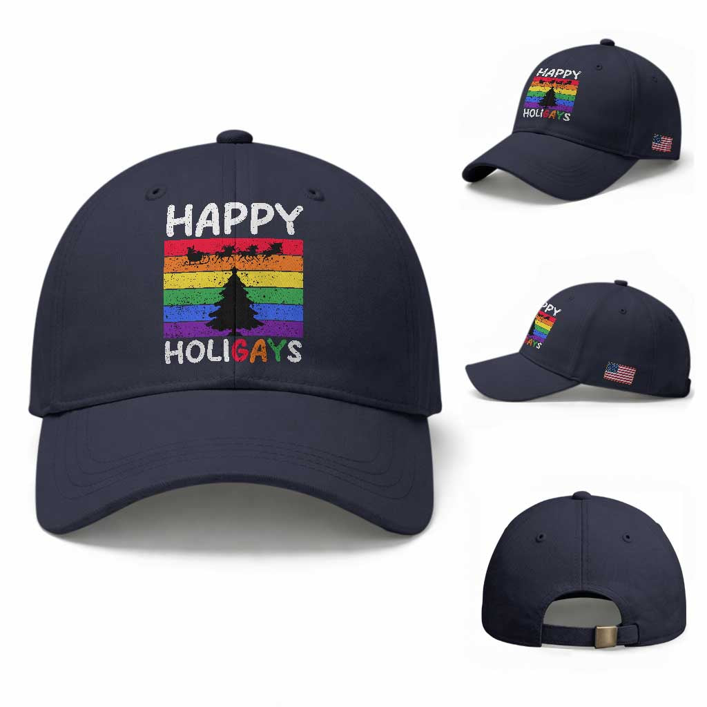 Funny LGBT Christmas Baseball Cap Happy Holigays Rainbow Stripes Unicorn Santa TS11 Baseball Cap Universal Fit Navy Print Your Wear