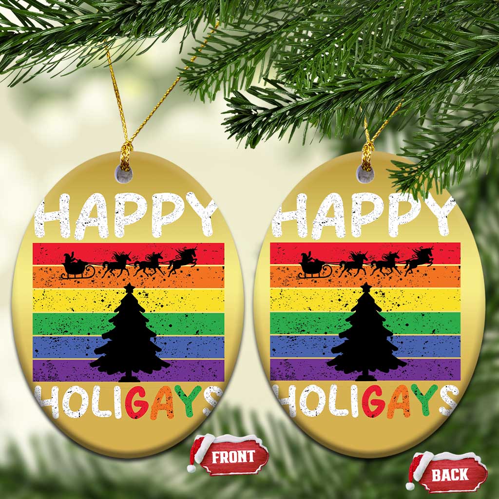Funny LGBT Xmas Christmas Ornament Happy Holigays Rainbow Stripes Unicorn Santa TS11 Oval Gold Print Your Wear