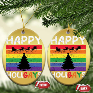 Funny LGBT Xmas Christmas Ornament Happy Holigays Rainbow Stripes Unicorn Santa TS11 Oval Gold Print Your Wear