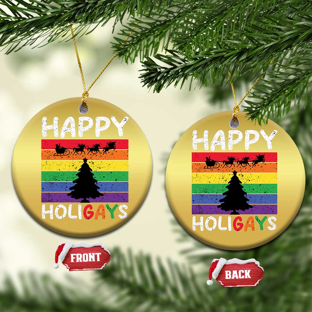 Funny LGBT Xmas Christmas Ornament Happy Holigays Rainbow Stripes Unicorn Santa TS11 Circle Gold Print Your Wear